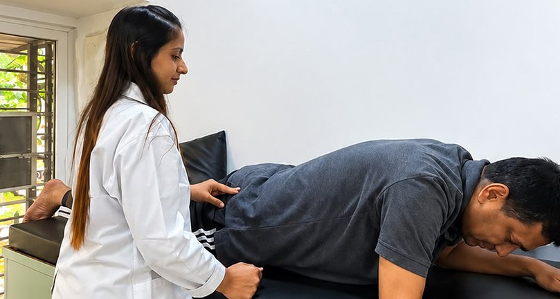 Therapist assessing a patient's movement pattern